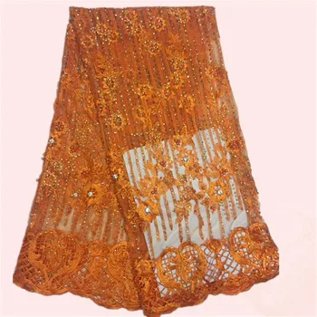 

High class orange French tulle net lace fabric with cord lace and stones for evening dress PNZ253(5yards/lot)