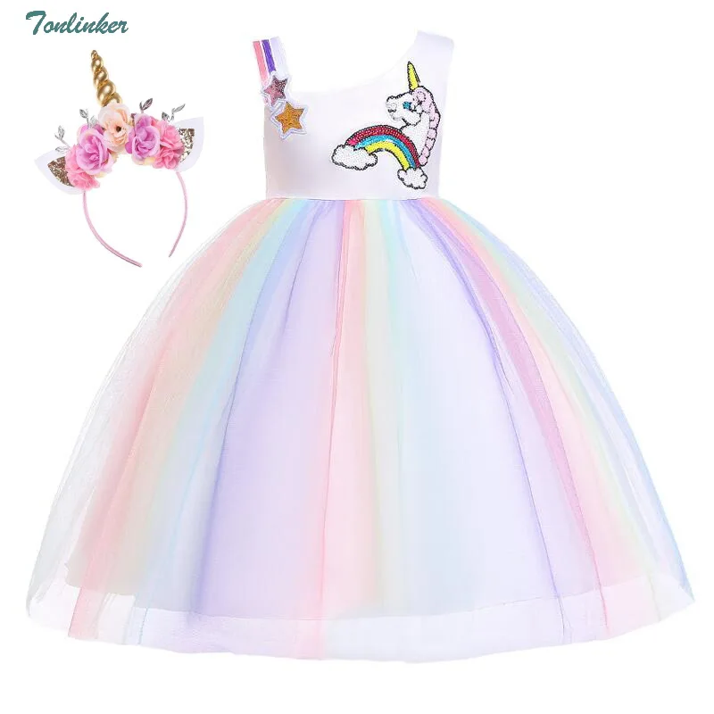 

Girls Kids Unicorn Rainbow Flowers Tutu Dresses With Flowers Beadbad for Girls Princess Fancy Birthday Theme Party Costumes 1-6Y