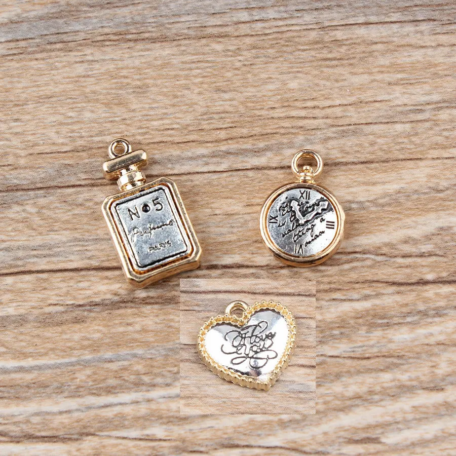 

Free Shipping 10pcs/Lot Vintage Gold Tone Silver Alloy Charms Fashion Perfume Clock Lovely Heart Pendant Charms Fit Earring DIY