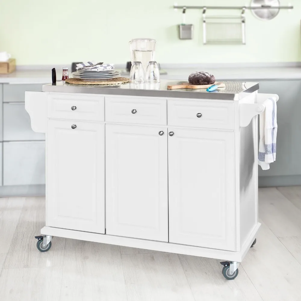 

SoBuy FKW33-W Luxury Kitchen Trolley with Large Storage Cabinet Kitchen Island with Stainless Steel Worktop