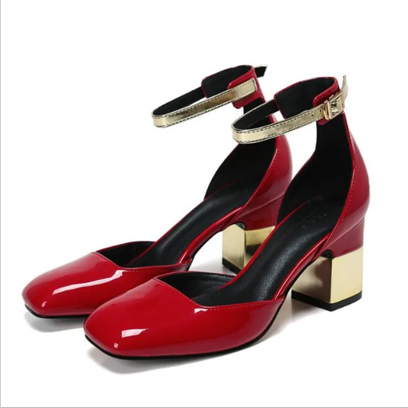 

Spring and summer new square head fight color rough heel sandals ankle straps patent leather high heels Red, black Women shoe