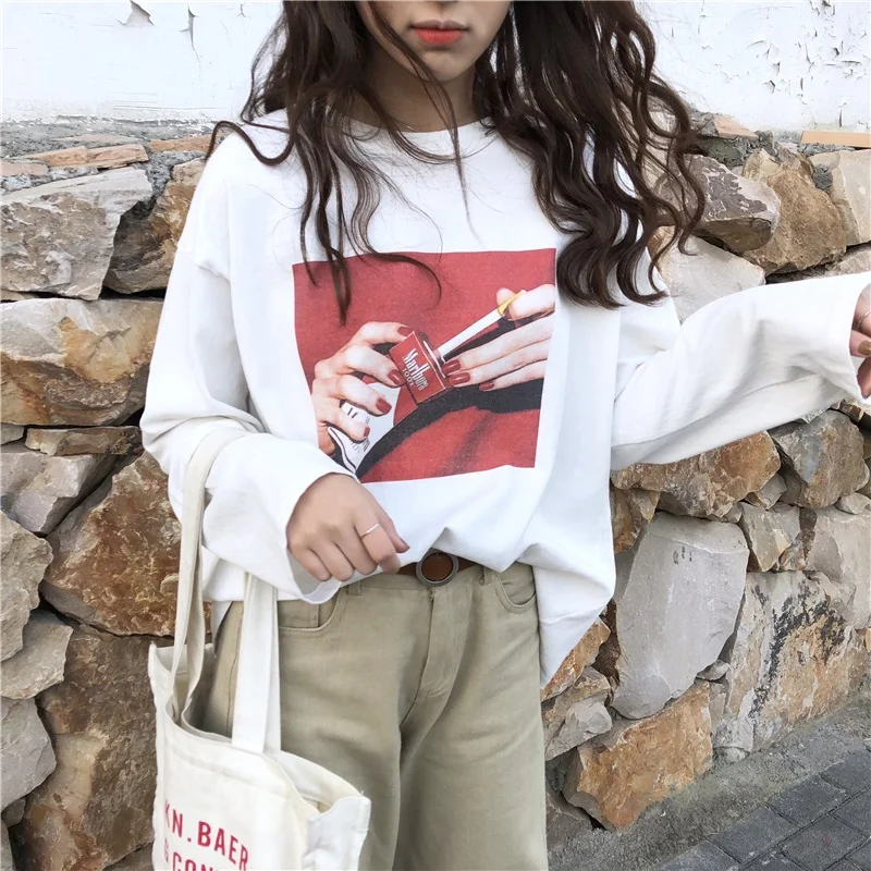 T- Shirts Women Long Sleeve Harajuku Trendy Leisure All-match Loose Womens Clothing Korean Style Spring New O-Neck Chic Daily