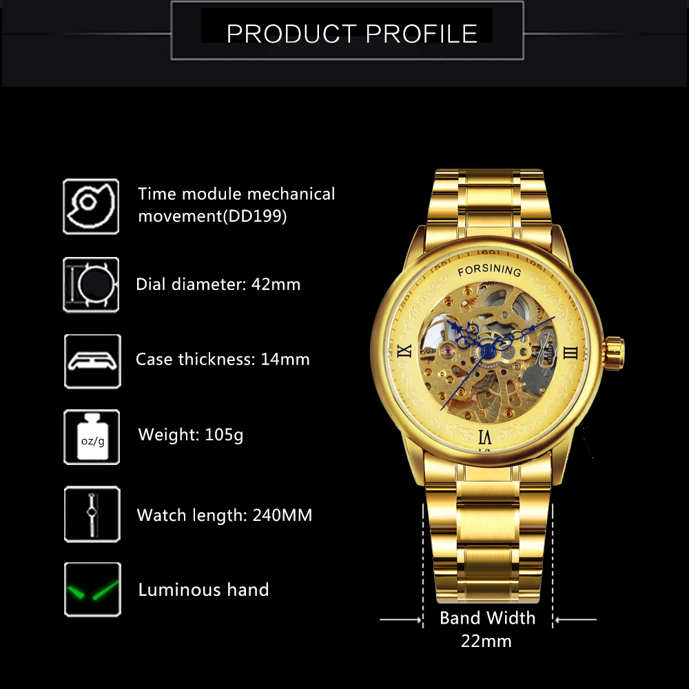 FROSINING лучший бренд класса люкс Королевский автоматические механические часы для мужчин нержавеющая сталь ремень Золотой Скелет наб