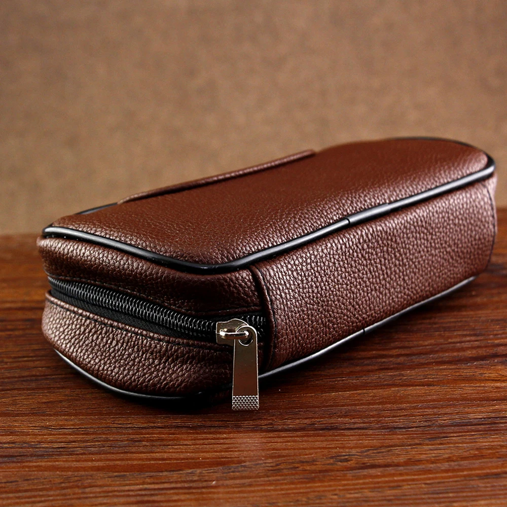 Brown Lichee Pattern Leather Bag for 2 pipes Classic Smoking Pouch