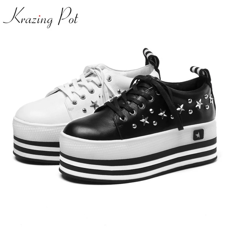 

Krazing Pot genuine leather lace up superstar round toe platform causal rivets decoration gladiator Female vulcanized shoes L07