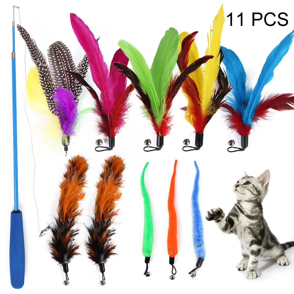 

11Pcs/Set Teaser Cat Catcher Retractable Fishing Pole Wand Rod Feather Toy, Great for Kitten Dog Exercising