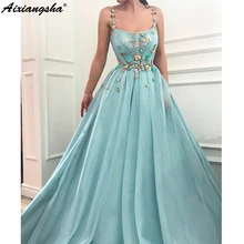 

Spaghetti Straps Beaded Flowers Muslim Evening Dresses A-line Tulle Islamic Dubai Saudi Arabic Long Evening Gown Prom