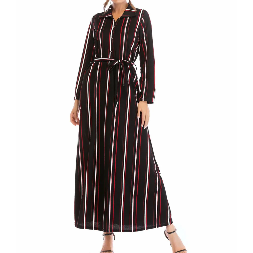 Summer Women Dress Casual Sashes Loose Turn-Down Long Laies Dress Collar Full Sleeve Striped Women Maxi Dress