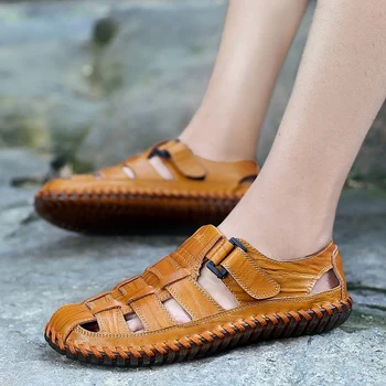

Men Cow Leather Sandals Outdoor 2019 Summer Handmade Men Shoes Men Breathable Casual Shoes Footwear Walking Sandals Big Size