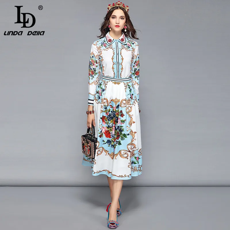 Online LD LINDA DELLA Herbst Elegante Rock Zwei Stücke Set frauen Multicolor Floral Print Blusen + Urlaub Casual Röcke Set weibliche