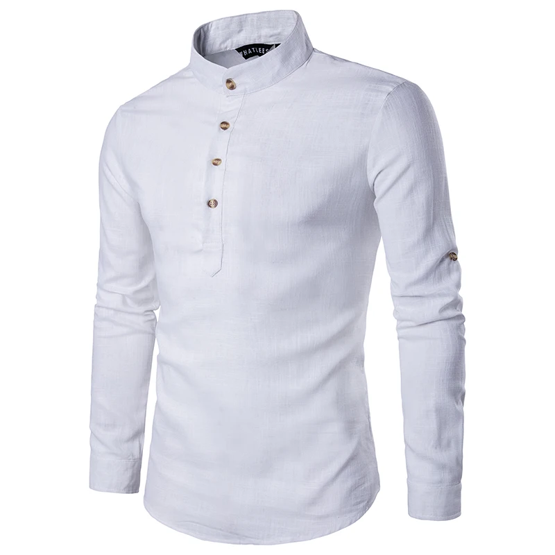 Мужская Повседневная рубашка с длинным рукавом, рубашки с воротником-стойкой, одноцветная Традиционная рубашка в китайском стиле, хлопковая Смешанная рубашка размера плюс