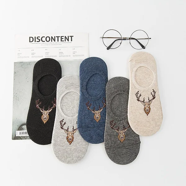 Deer Socks 10 шт. = 5 пар/партия, летние мужские хлопковые короткие носки для мужчин, Нескользящие силиконовые однотонные короткие мужские носки с животными, носки-тапочки, Meias - Цвет: Deer Socks