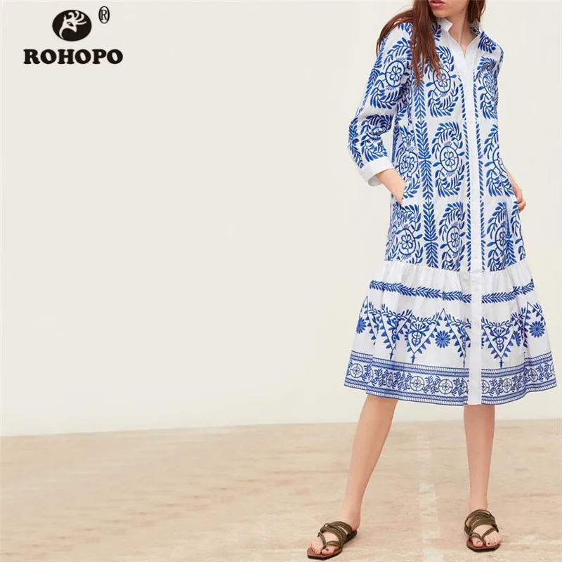 

ROHOPO Autumn Vintage Printed Straight Sky Blue Dress Buttons Fly Baggy Silm Body China Vogue Midi Dresses #OYK9643