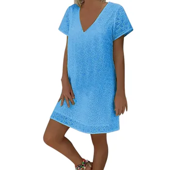 

2019 MAXIORILL New Women Summer V-neck Short Sleeve Solid Color Lace Patchwork Mini Dressплатье Wholesale T3