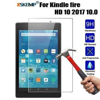 

XSKEMP 9H Hard Screen Protector Cover Skin For Amazon Kindle fire HD 10 2017 10.0 0.3mm HD Tablet Tempered Glass Protective Film