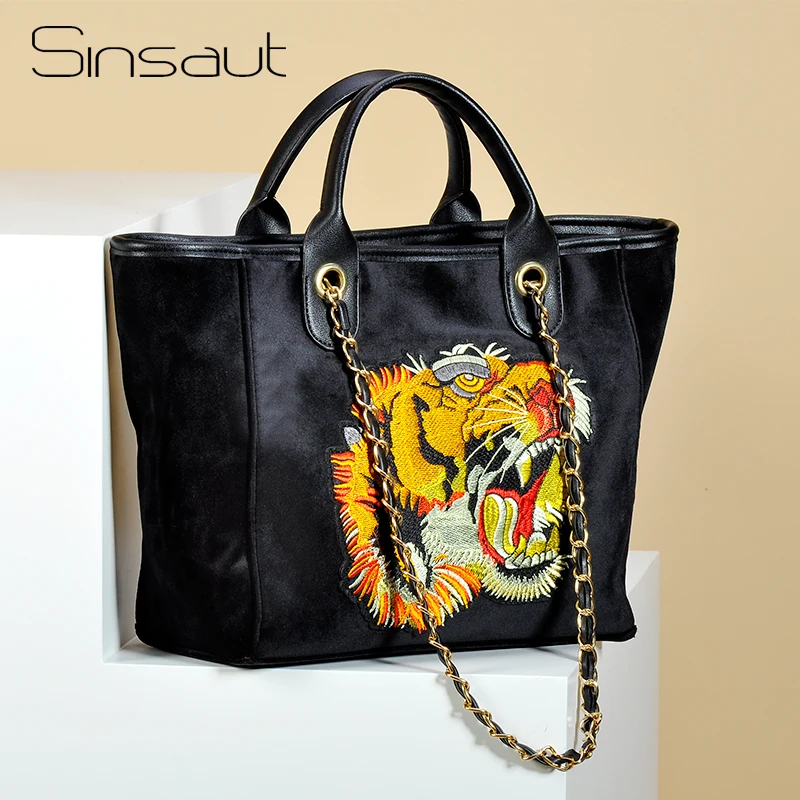 

Sinsaut Black Velvet Tiger's Head Embroidery Bag Fashion Shoulder and Handbags High-Capacity Soft Designer Vintage Crossbody Bag