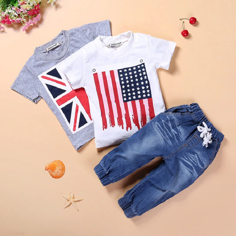 KEAIYOUHUO/Коллекция года, комплекты одежды для мальчиков детская одежда из 3 предметов летние комплекты одежды для детей детский спортивный костюм для маленьких мальчиков футболка+ джинсы