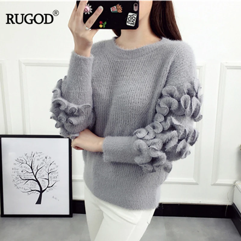 

RUGOD Women Fashion Twist Pullover Sweater 2018 Spring Latest Version O-Neck Ruffles Sleeve Loose Soft And Warm Female Sweater