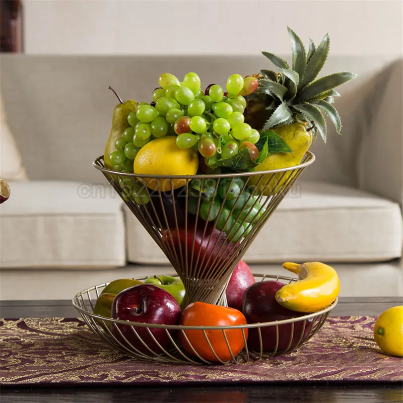 Бытовой 2 уровня фруктовых пластина столешница металлическая корзина для фруктов черный Винтаж Стиль лоток Стенд корзина для хранения - Цвет: Champagne