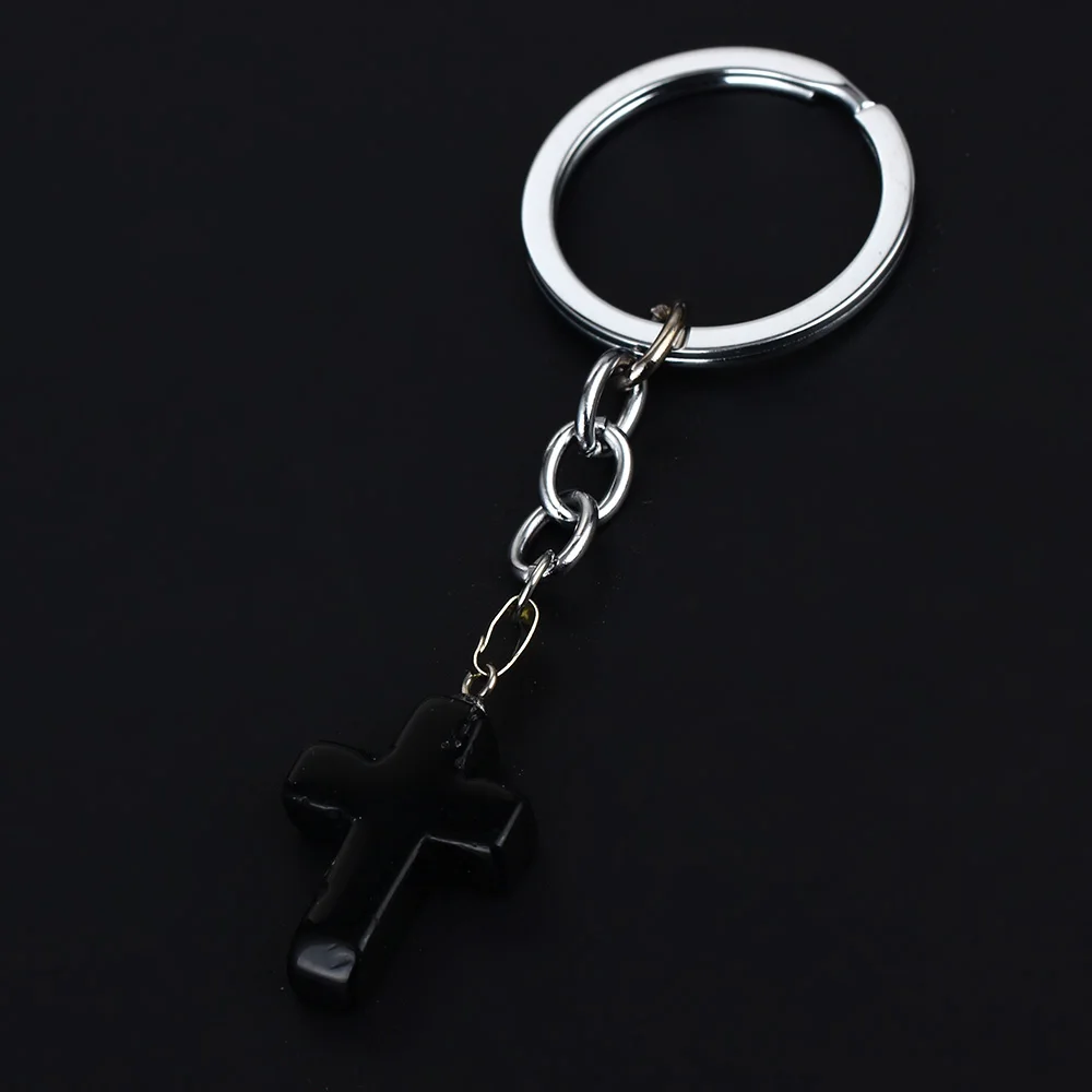

Trendy Black Jesus Cross Charms Key Chain Key Ring Family Friends Keychain Quartz Natural Stone Keyring Charm Women Jewelry Gift