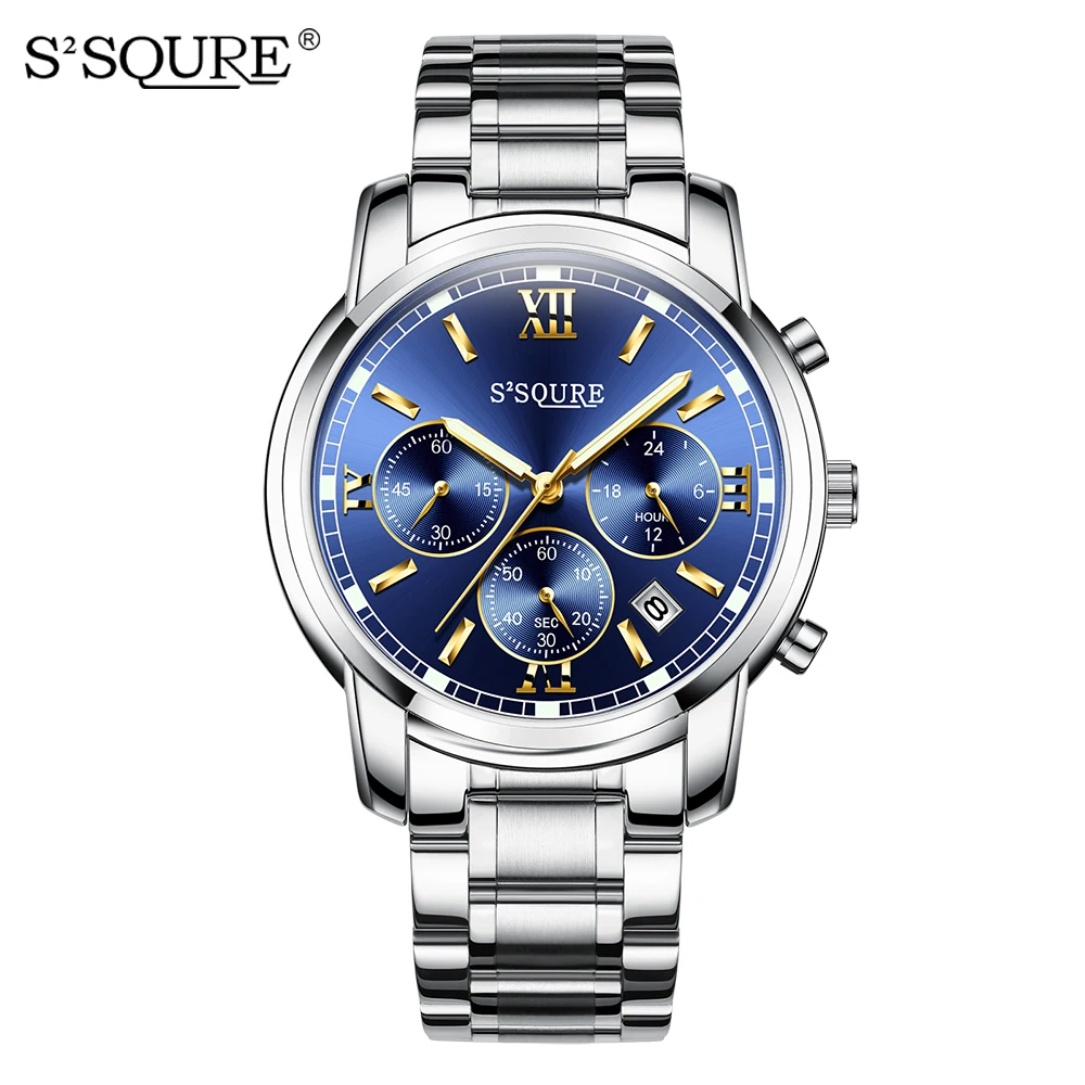 

S2SQURE Quartz Mens Watches Top Brand Luxury Stainless Steel Chronograph Military Watch Auto Date Wristwatches Reloj Hombre S001