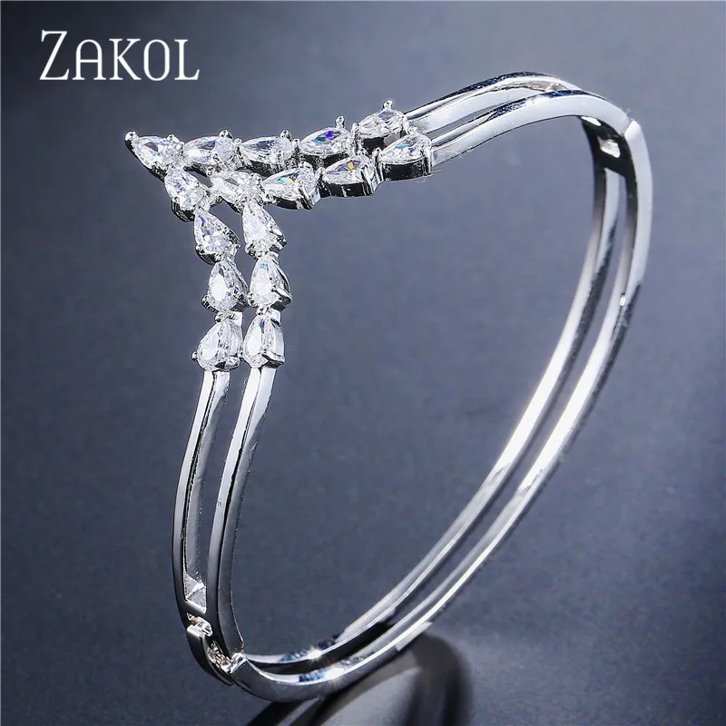 Buy ZAKOL Fashion Sliver Color Cubic Zircon Bracelet Bangles Big V Shape Cuff
