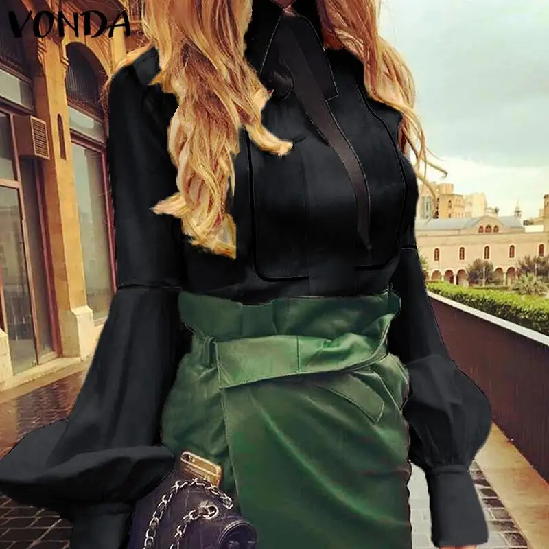  VONDA Ladies Office Shirt 2019 Autumn Blouse Women Sexy Lantern Sleeve Turn-down Collar Shirt Casua
