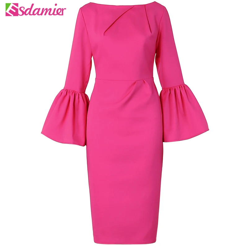 Good Quality Elegant Slim Pencil Dress Women Flare Sleeve Back Zipper Up Bodycon Dress Midi Party Dresses Solid Color Femme Robe