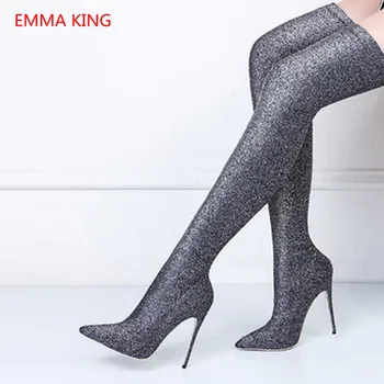 

2018 Pointed Toe Stretch Women Over The Knee Socking Boots Bling Glitter High Heels Stiletto Thigh High Boots Women Winter Shoes