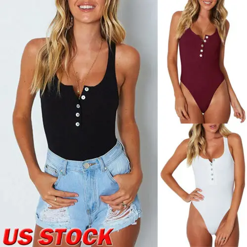 

2019 Women Ladies Bodysuit Stretch Leotard Sleeveless Body Tops T shirt Jumpsuit