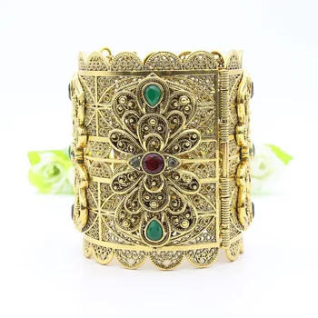 Ethnic Women Super Size Flower Resin Bangle Cuff Antique Gold Color Emboss Mesh Bracelet Jewelry Albania India Bridal Armlet