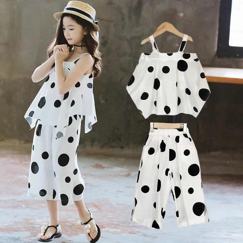 

Fashion Children Clothes Summer 2019 Girls Sleeveless Off Shoulder Big dot Tops+ Pants Outfits for 4 -14 years girls Outfit Suit