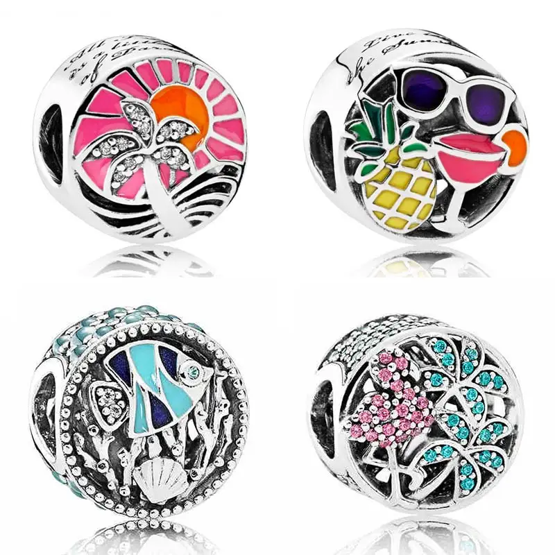 

Enamel Summer Fun Tropical Sunset Ocean Life Tropical Flamingo Beads Fit Pandora Bracelet 925 Sterling Silver Charm Jewelry