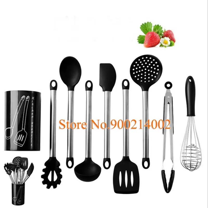 

9PCS Stainless Steel Silicone Cooking Spoon Soup Egg Spatula Turner Kitchen Tools Cooking Utensil Set with Storage Bucket