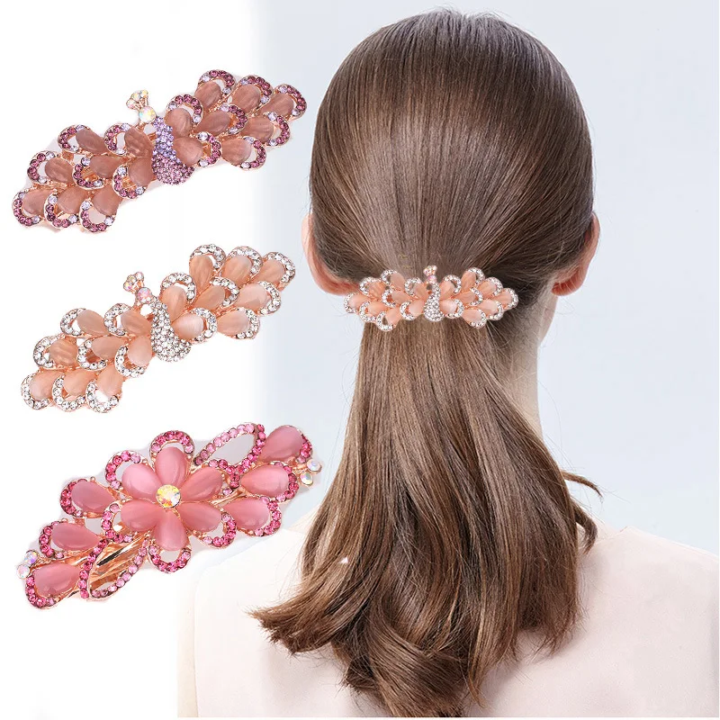 

AWAYTR Romantic Hairpins For Women Alloy Horsetail Garb Crystal Rhinestone Hairpins Clips Peacock Flower Hair Accessories