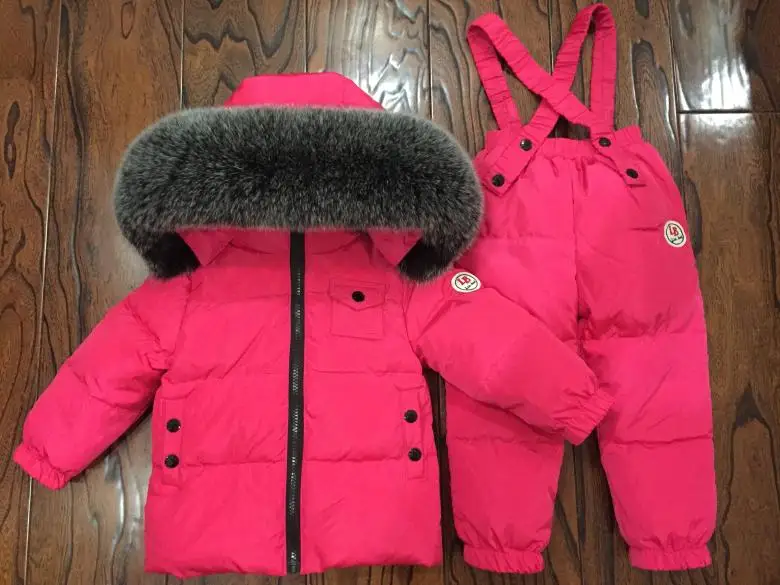 Комплекты детской одежды для русской зимы комбинезон, зимняя куртка+ комбинезон, 2 предмета, От 1 до 10 лет для мальчиков и девочек пуховое пальто, куртка большой меховой капюшон - Цвет: Розовый