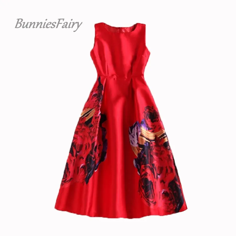 

BunniesFairy Celebrity-inspired Women Brief Elegant Retro Flower Floral Print Red Vest Dress Sleeveless O-Neck Vestido de Fiesta