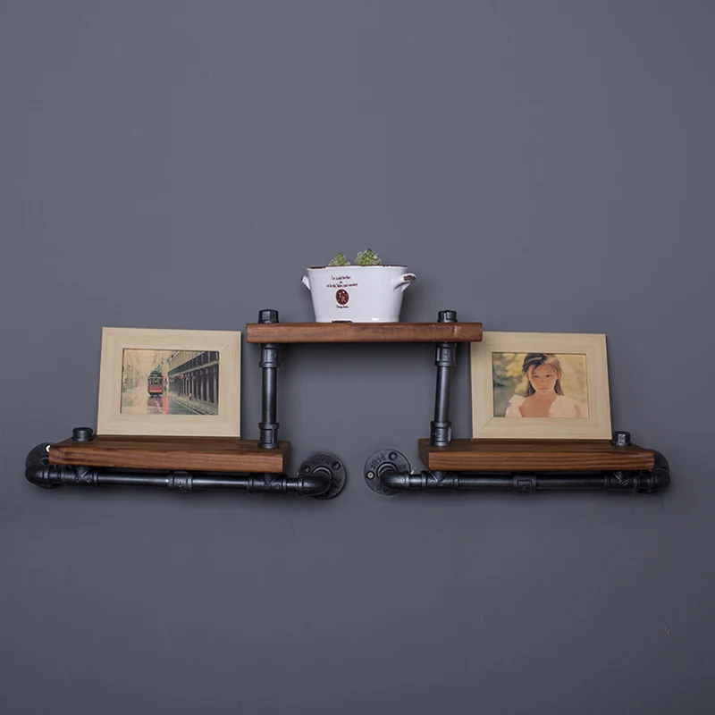 الفرنسية loft الصناعية الحديد المطاوع رف الكتب الخشب جدار جدار خمر أنابيب المياه رف-FJ-ZN1Y-009A0