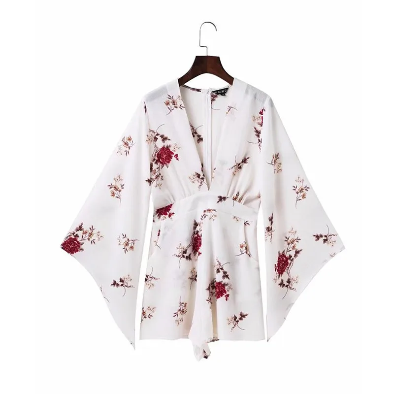 yinlinhe White V neck Sexy Summer Playsuit long Flare Sleeve Floral Women Playsuit Slim Waist Elegant bohemian Rompers  9