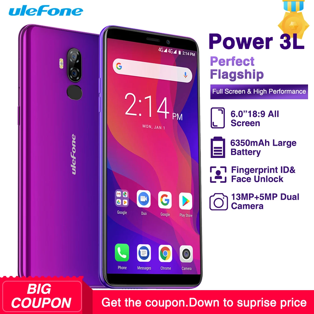 

Ulefone Power 3L Android 8.1 MTK6739 Quad Core Mobile Phone 6.0" HD+ 13MP+5MP Camera 6350mAh 2GB 16GB Face ID 4G Smartphone