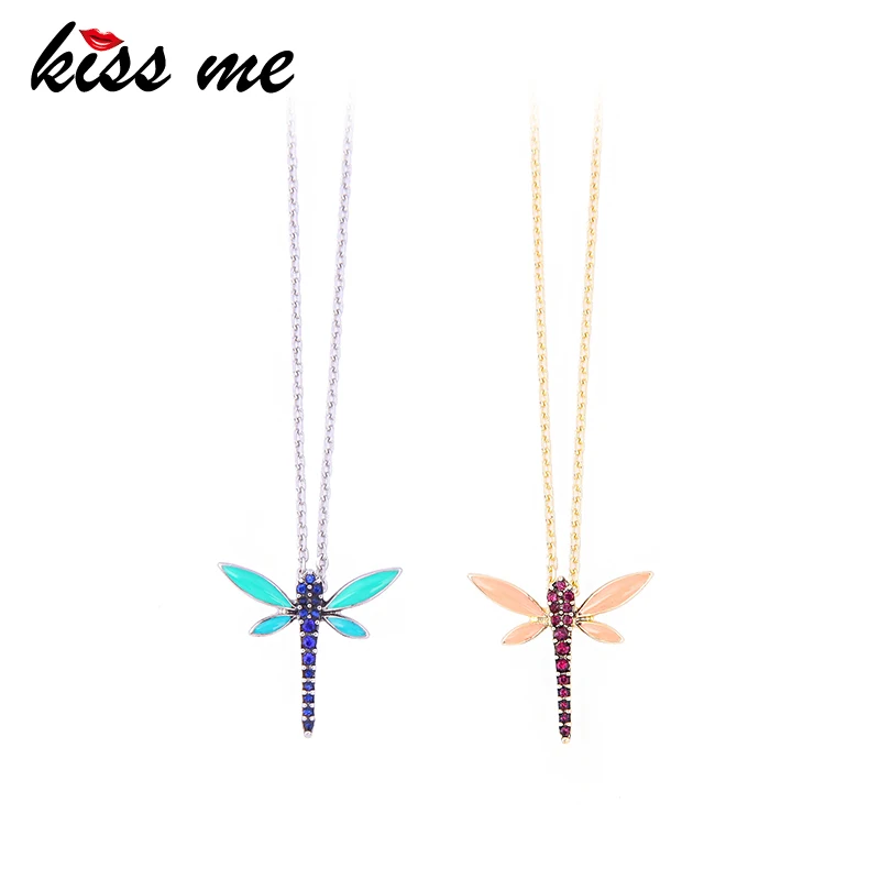 

KISS ME Pink Blue Enamel Rhinestone Dragonfly Pendant Necklace Trendy Style Gold Silver Color Chain Maxi Necklace Women Jewelry