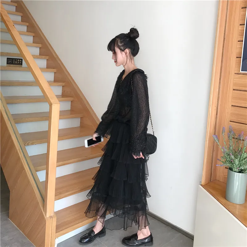 Faldas Mujer Moda юбки женские s, корейские длинные юбки для женщин, фатиновые с высокой талией однотонные милые Корейская юбка