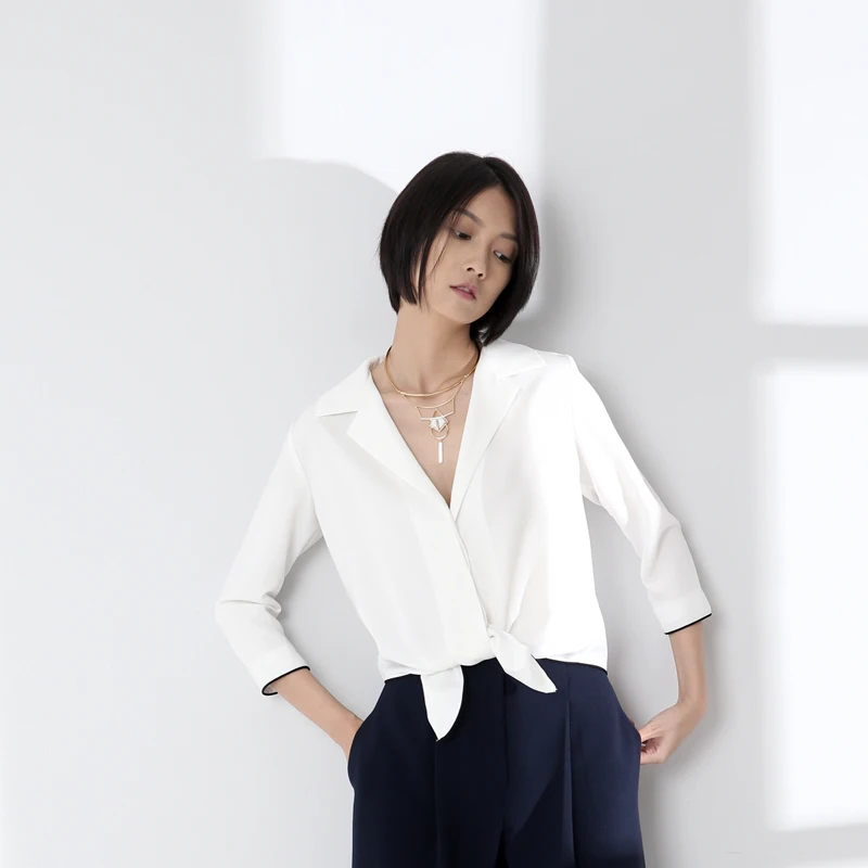 Also Subtle White solid deep V neck women Pajama Style three quarter