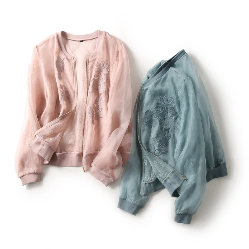 100% шелк куртка из органзы для женщин Солнцезащитная одежда вышивка легкий ткань