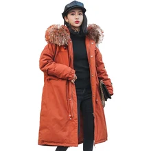 KMETRAM/ Зимний пуховик из белого утиного пуха, Женское пальто оверсайз из натурального меха енота с капюшоном, Женская свободная Толстая длинная парка MY515