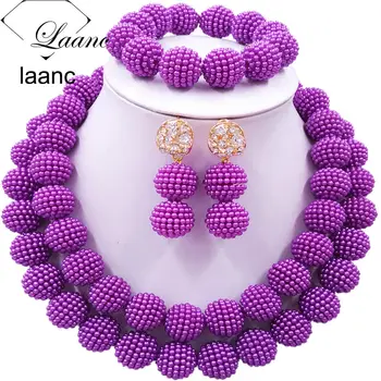 

Laanc Fashion Purple Jewelry Sets Nigerian Beaded Simulated Pearl Necklace Costume African Wedding Beads Jewelry Set 2RZD013