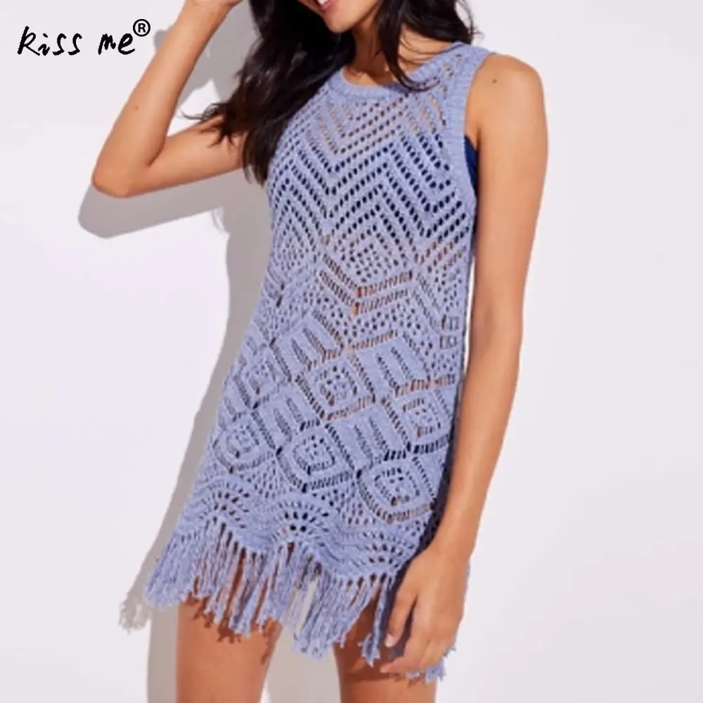 

Sleeveless Geometric Hollow Beach Dress with Tassels Purple Beach Cover Up Women's Tunic Slim Beachwear Summer Dresses for Women