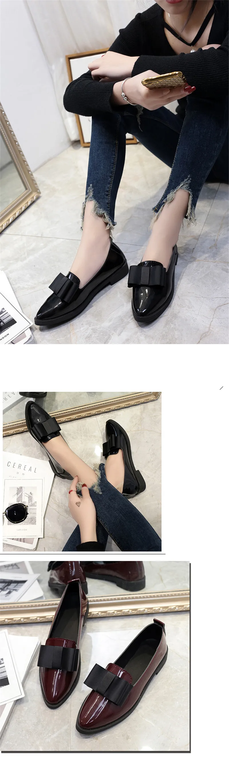 YEELOCA/женские туфли-лодочки; сезон весна-осень; модные черные туфли с острым носком на низком каблуке; повседневная женская обувь без застежки с бантом-бабочкой