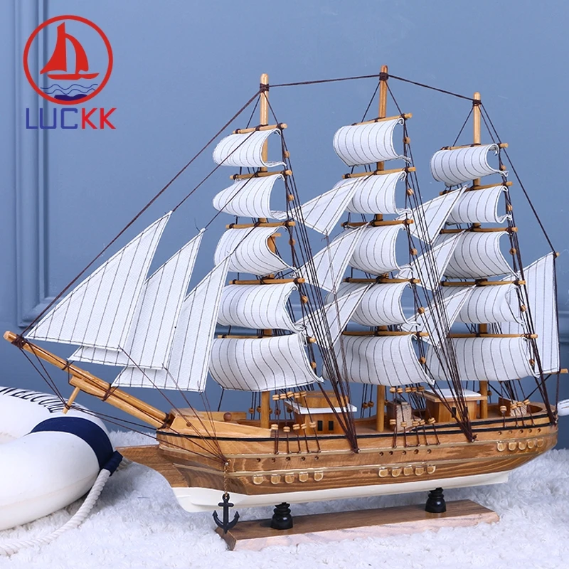LUCKK 60CM Creative Wooden Sailiboat Model Ships Burlywood Modern Home Wood Decoration Vintage Accessories Craft Toys