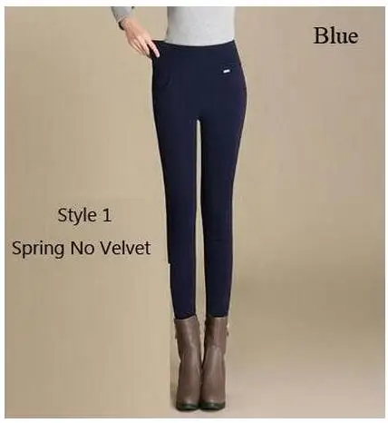 Женские зимние брюки с высокой талией с толстым бархатом, теплые женские офисные штаны, черные Стрейчевые узкие брюки Femme Pantalon - Цвет: blue no velvet